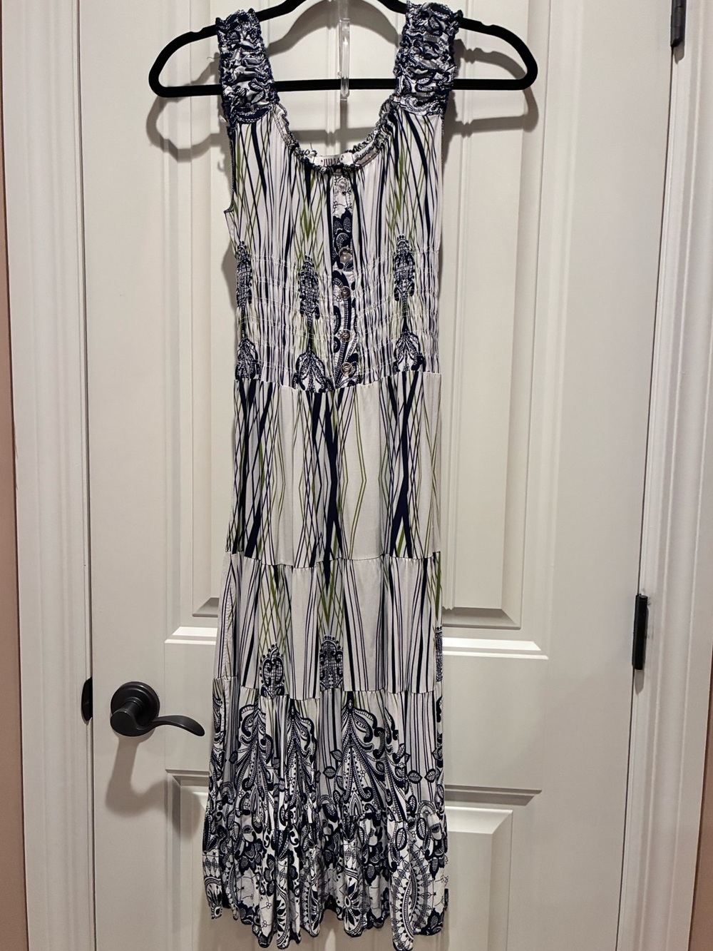 JULIA S Sleeveless Tiered Maxi Dress in Black &White patterned w subtle green - Picture 16 of 16